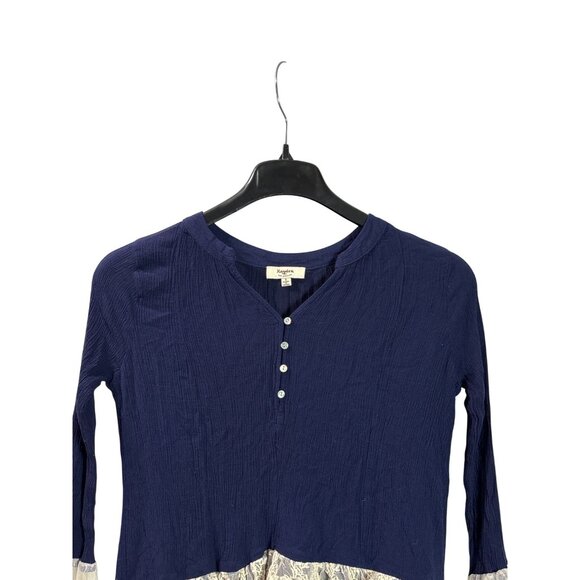 Hayden Los Angeles Gauzy Navy Blue Tunic Top Lace Ruffle Hem Sleeves S Rayon - Picture 2 of 7